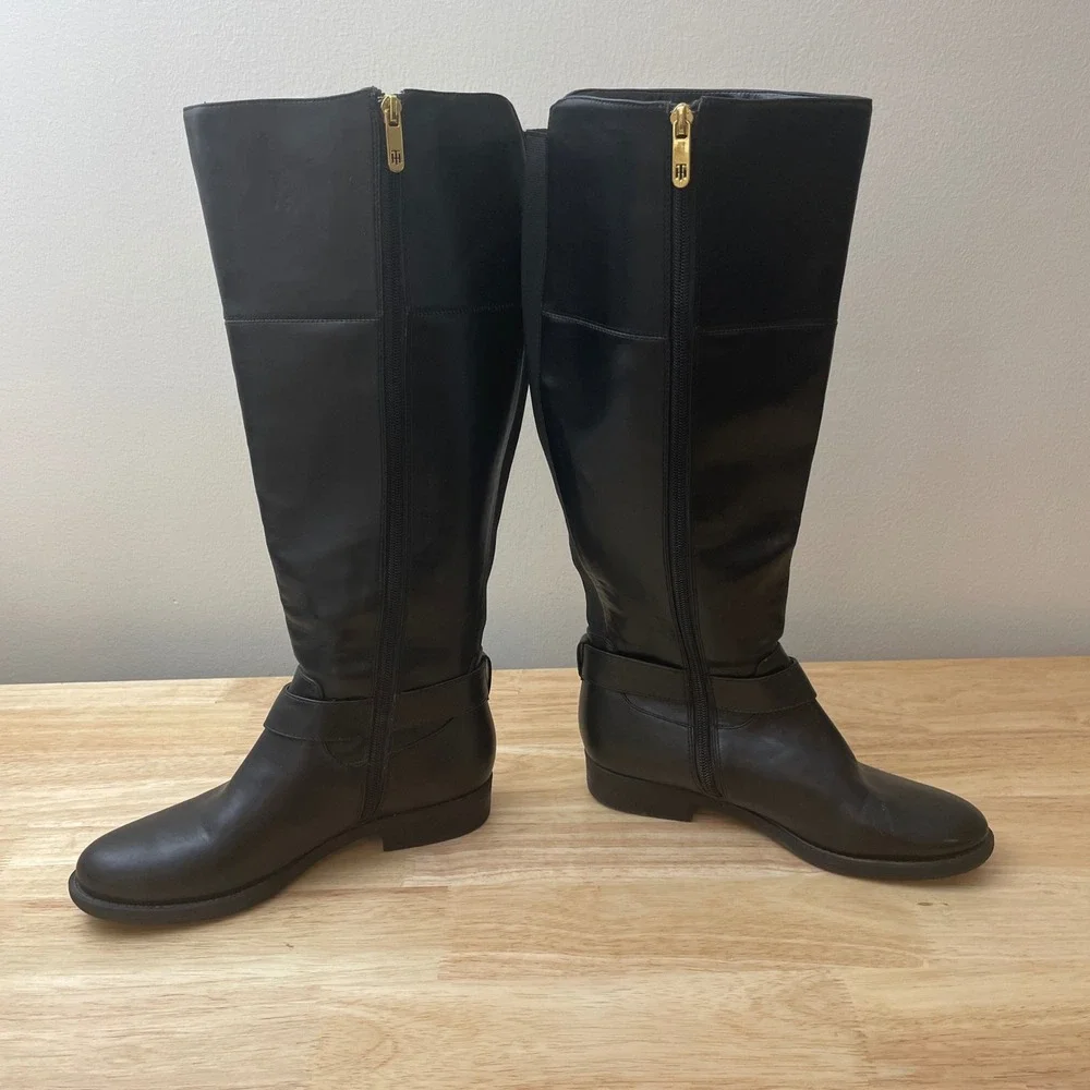 Tommy Hilfiger‎ Black Leather Tall Riding Boots Size 6.5M